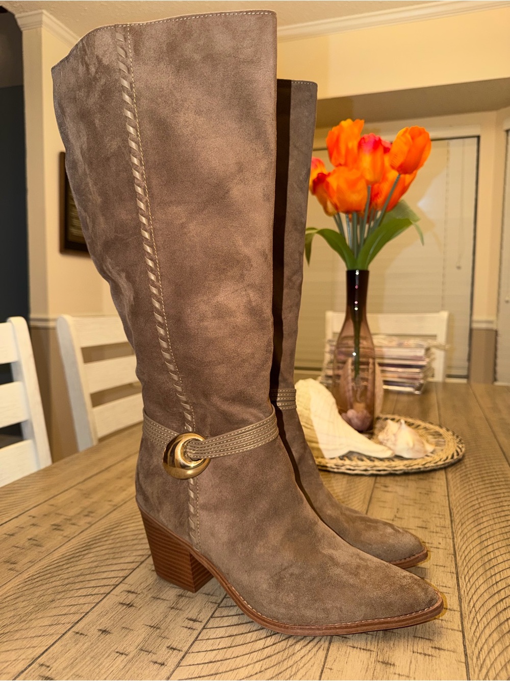 a new day Taupe Suede Knee-High Heeled Boots with Gold Ring Accent